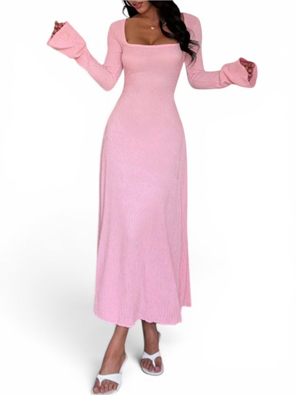Square Neck Long Sleeve Maxi Dress - Pink